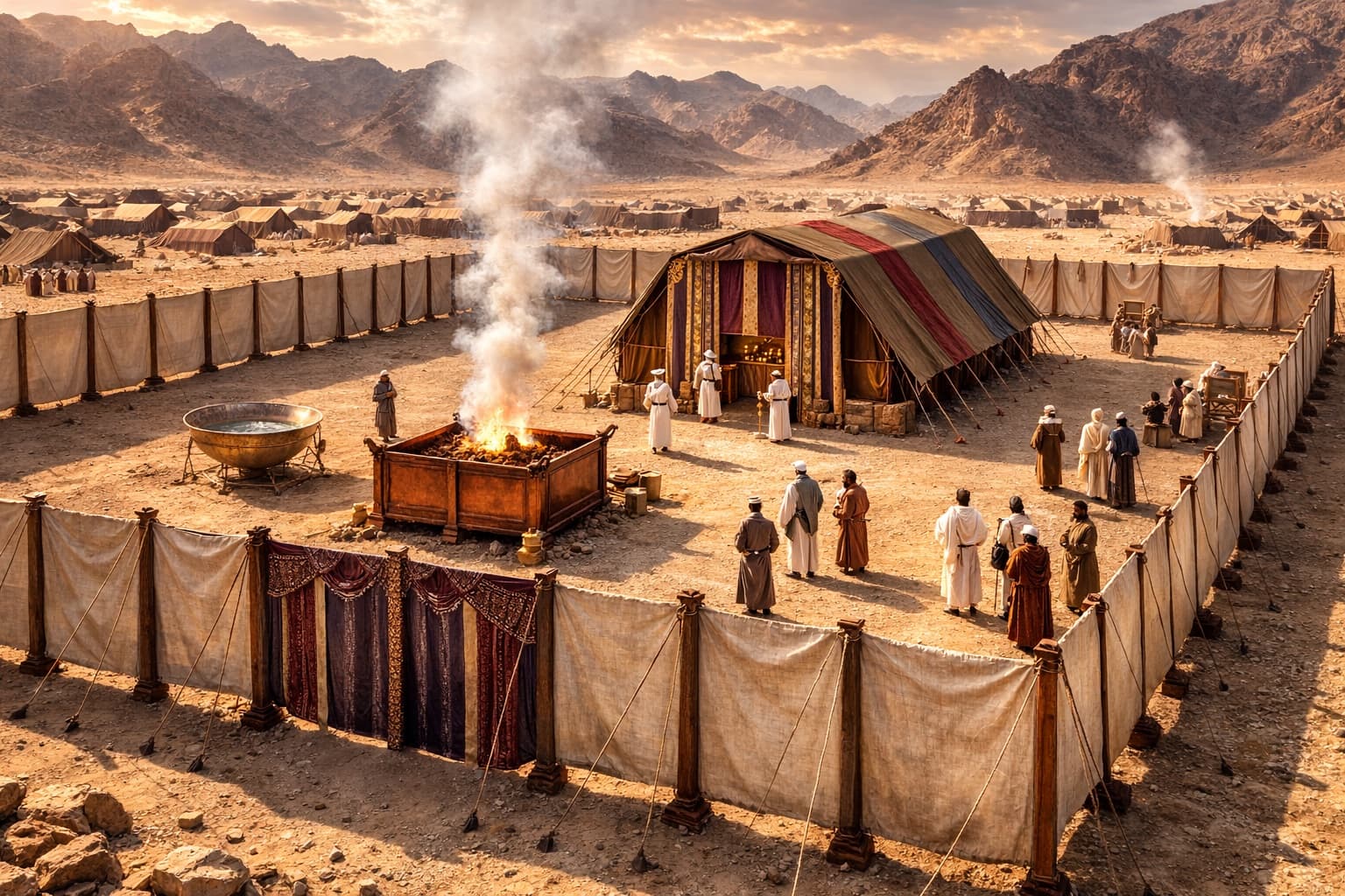 A full-scale recreation of the ancient Tabernacle — the courtyard with the bronze laver and burning altar before the curtained tent of meeting, set in a desert camp.